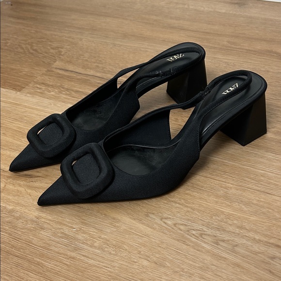 Zara Black Pointed Slingback Heels - Picture 2 of 5